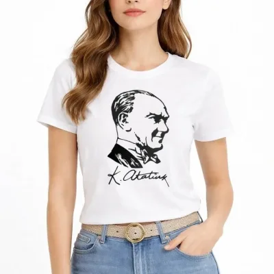 Ženska Bela Bicikli Kragna Ataturk Print Majica 1