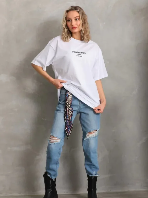 Женски бел Oversize бициклистички врат со печатење летна маица 4