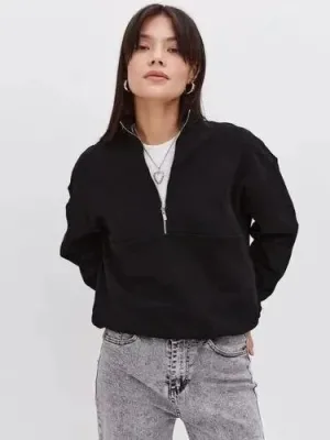 Női Fekete Oversize 3 Szálas Pamut Félcipzáras Sweatshirt