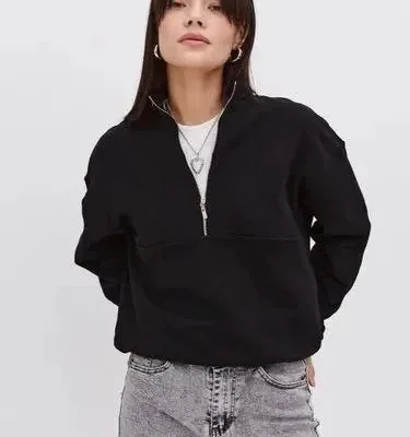Damski Czarny Oversize 3-nitkowy Bawełniany Półzamknięty Sweatshirt 1
