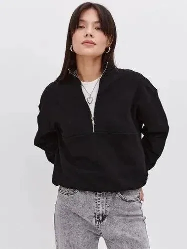 Damski Czarny Oversize 3-nitkowy Bawełniany Półzamknięty Sweatshirt 1