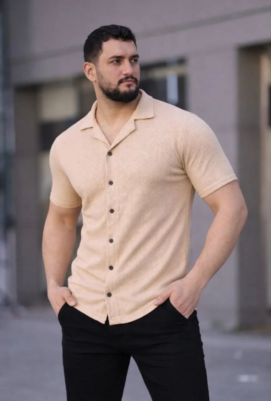 Ανδρικό Μπεζ Regular Fit Πουκάμισο με Waffle Ύφασμα, Κουμπιά και Ανοιχτό Γιακά