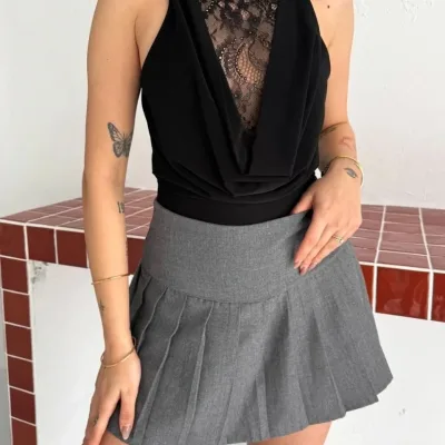 Ženski crni bez rukava čipka detalji duboki dekolte body 2