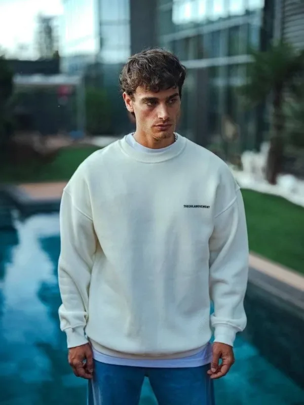 Sweatshirtê Mêran ê Spî ê Bi 3 Têlên Pembo, Stûyê Bisîkletê, Çapkirî 2