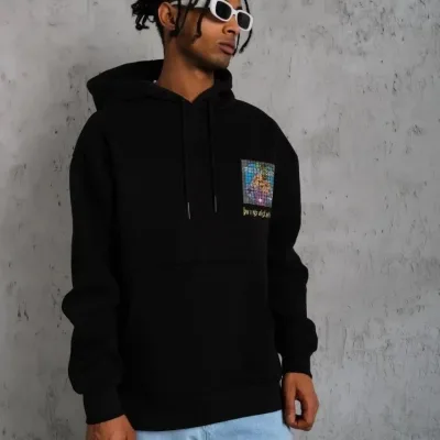 Muški crni oversize 3-niti pamučni s kapuljačom tiskani sweatshirt 4