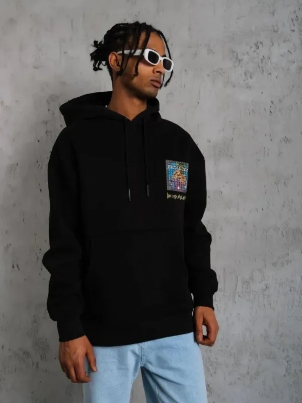Muški crni oversize 3-niti pamučni s kapuljačom tiskani sweatshirt 4