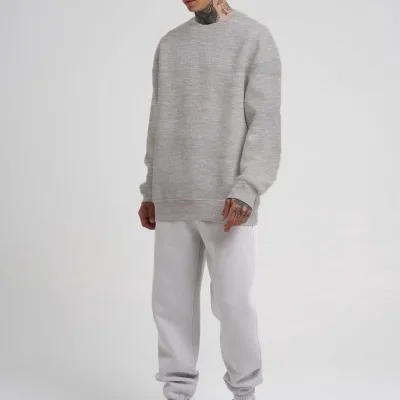 Men's Gray Oversize Crew Neck 3-Thread Cotton Sweatshirt 2