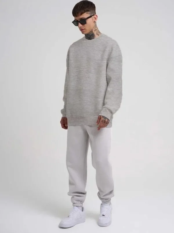Men's Gray Oversize Crew Neck 3-Thread Cotton Sweatshirt 2