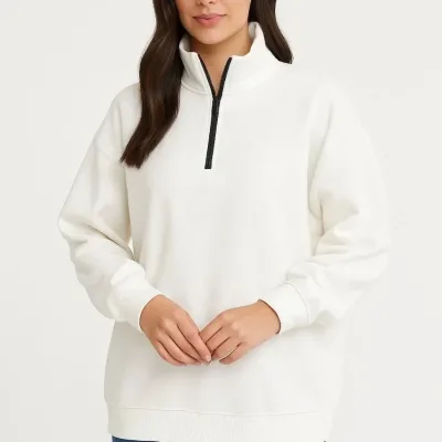 Női Fehér Félcipzáras Állógalléros 3 Szálas Pamut Sweatshirt 6