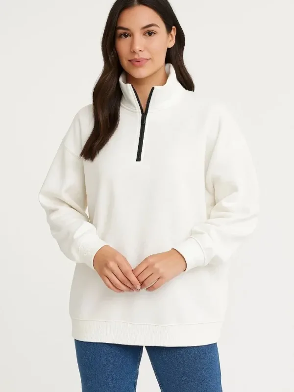 Női Fehér Félcipzáras Állógalléros 3 Szálas Pamut Sweatshirt 6