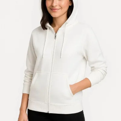 Női Fehér Teljes Cipzáras 3 Szálas Kapucnis Kenguru Zsebes Sweatshirt 3