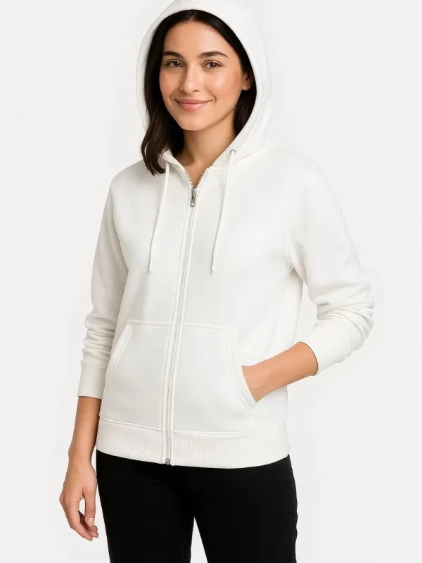 Női Fehér Teljes Cipzáras 3 Szálas Kapucnis Kenguru Zsebes Sweatshirt 3