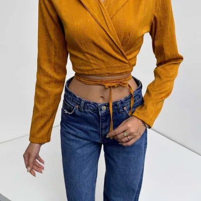 Košulja ovratnik struk vezana crop bluza senf 4
