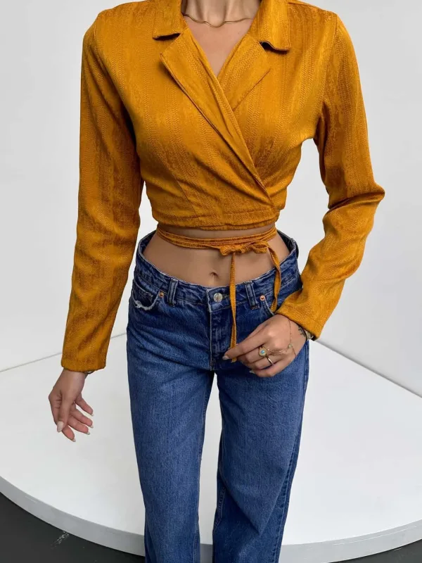 Košulja ovratnik struk vezana crop bluza senf 4
