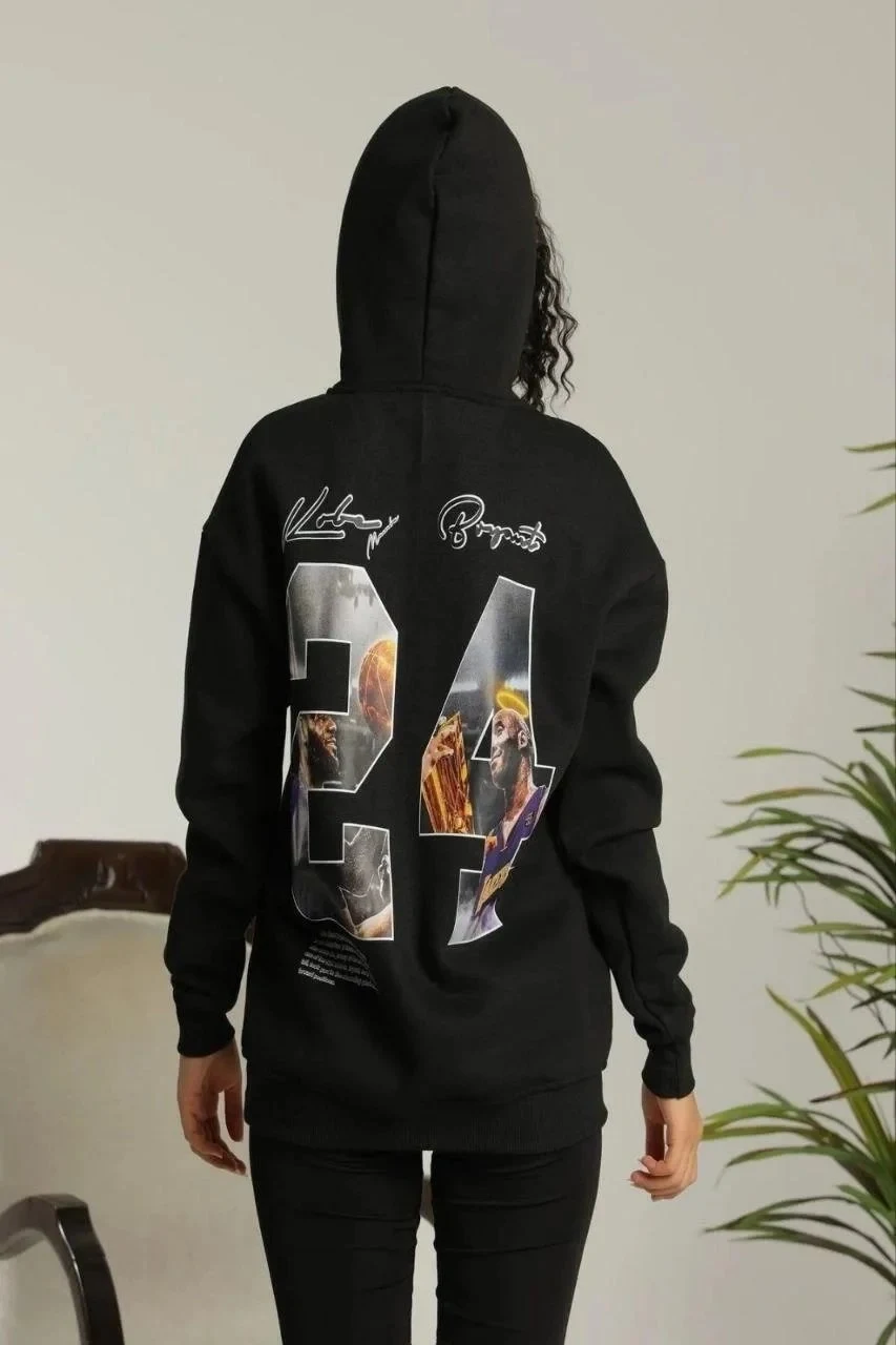 Női Fekete Oversize Kapucnis Zsebes Nyomott Hoodie Sweatshirt