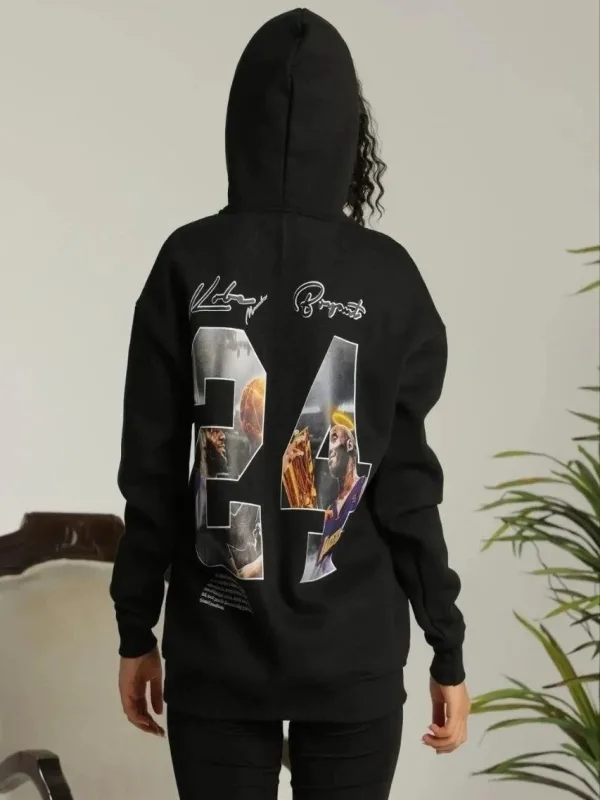 Női Fekete Oversize Kapucnis Zsebes Nyomott Hoodie Sweatshirt 1