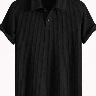 Čierne pánske oversize rebrovaná bavlna polo s golierom tričko 2