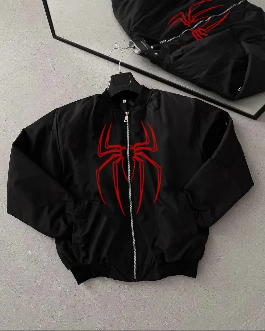 Men's Black Spider Pattern Zippered Pocket Bomber Jacket