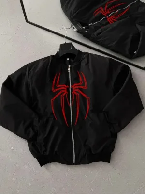Men's Black Spider Pattern Zippered Pocket Bomber Jacket
