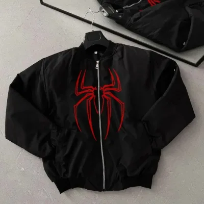 Men's Black Spider Pattern Zippered Pocket Bomber Jacket 1