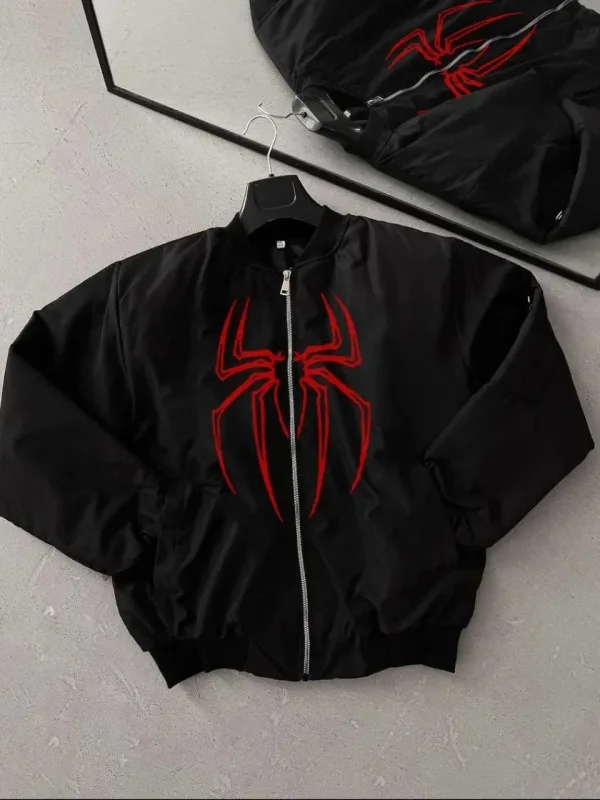 Men's Black Spider Pattern Zippered Pocket Bomber Jacket 1