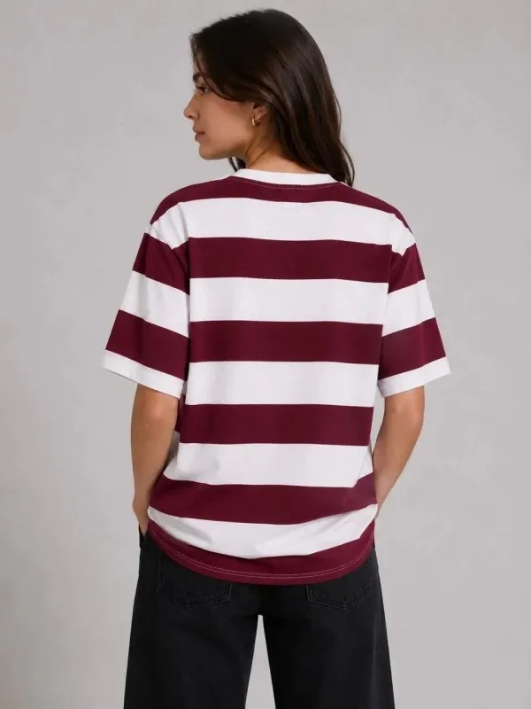 Ženska bordo oversize bicikli kragna prugasta kratki rukav majica 2