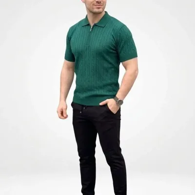 Muška kaki pletena triko kratka rukava rajsferšlus polo majica 3