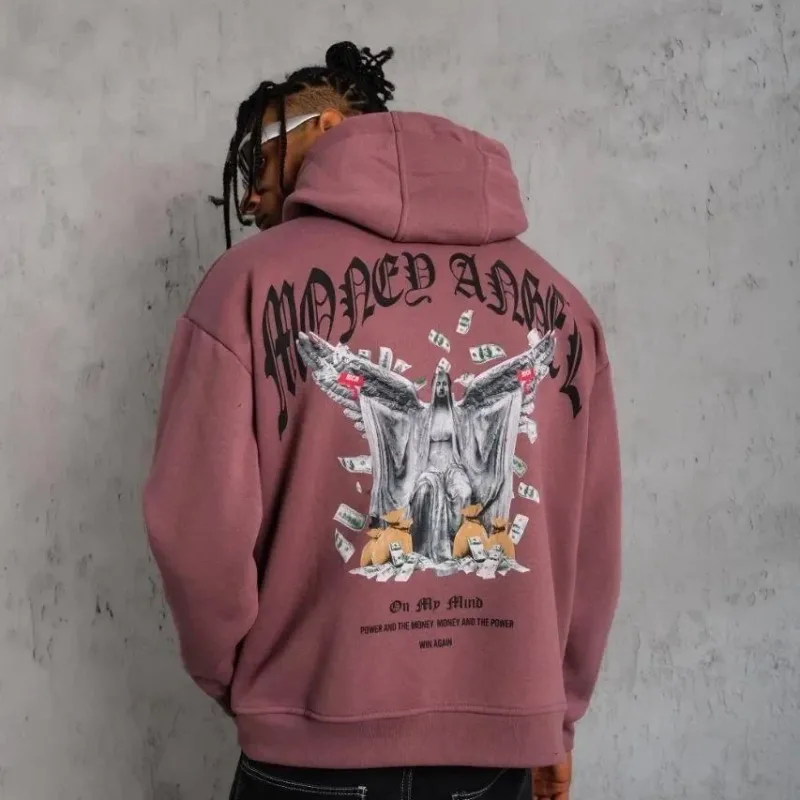 Men's Dusty Rose 3-Thread Cotton Printed Hooded Sweatshirt with Pockets