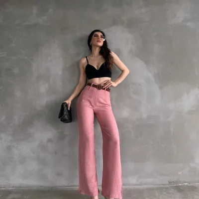 Belted Linen Pants Powder 1