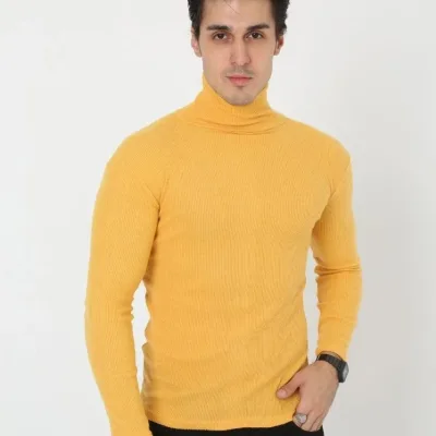 Pánske žlté slim fit lycrové rolákové rebrované body 2