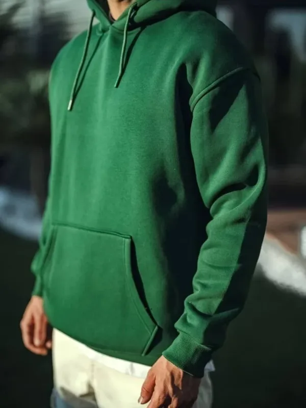 Men's Khaki 3-Thread Cotton Hooded Basic Sweatshirt 3