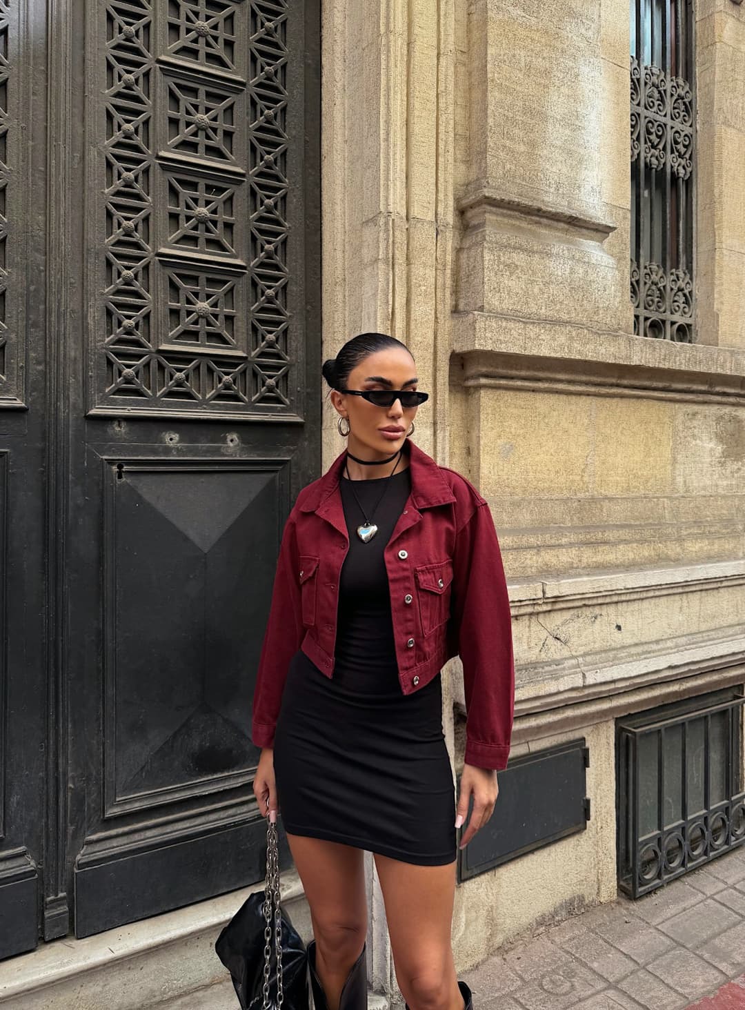 Cüt cib denim crop gödəkçə tünd qırmızı