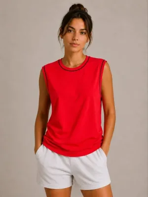 Γυναικείο Κόκκινο Αμάνικο Tank Top με Στρογγυλή Λαιμόκοψη και Αντίθετες Ραφές
