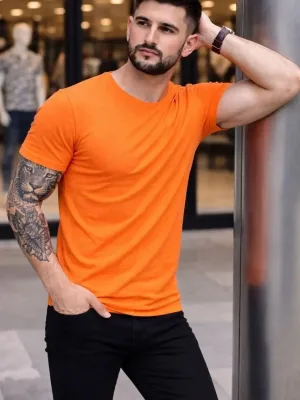 Pánsky oranžový slim fit bicyklový elastický body tričko