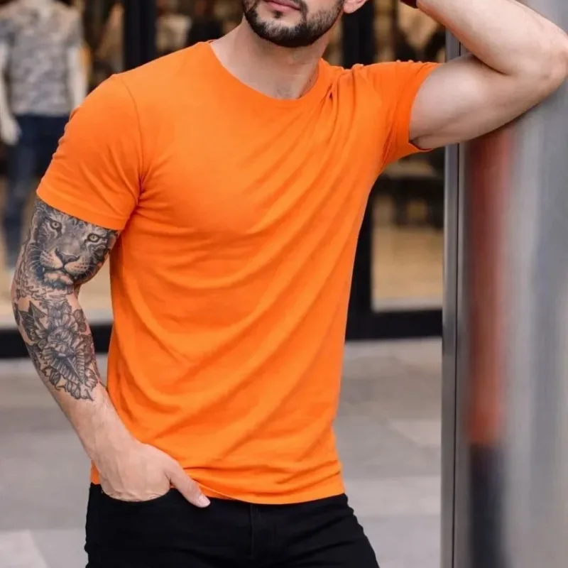 Pánsky oranžový slim fit bicyklový elastický body tričko