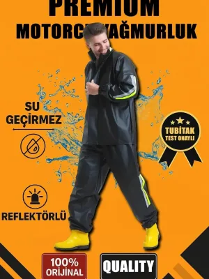 Muški crni vodootporni PVC komplet za motocikliste i kurire sa reflektujućim elementima