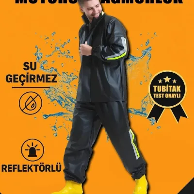 Męski czarny wodoodporny komplet przeciwdeszczowy motocyklowy kurierski z PCV, z odblaskami 1
