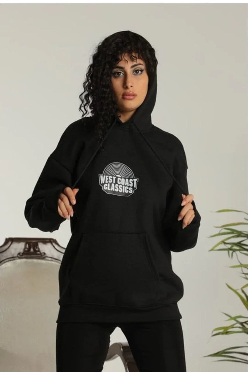 Γυναικείο Μαύρο Oversize Hoodie με Κουκούλα, Τσέπες, 3-κλωνο Βαμβακερό, Print
