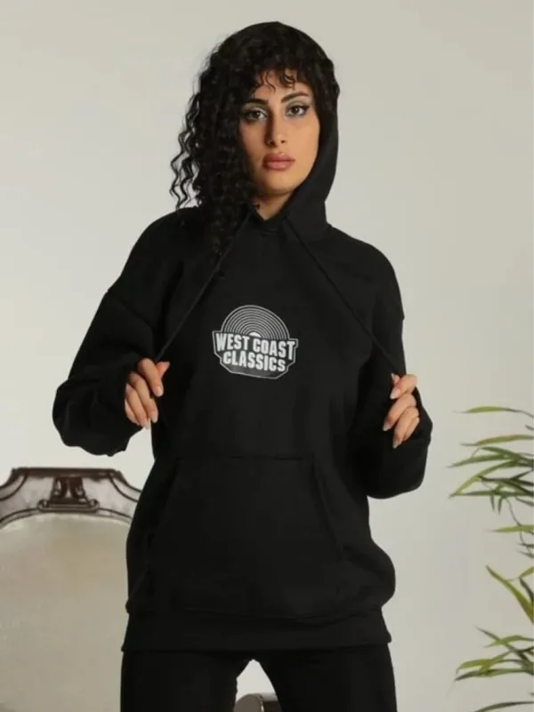 Damski Czarny Oversize Kaptur z Kieszenią 3-nitkowy Bawełniany Nadruk Hoodie 1