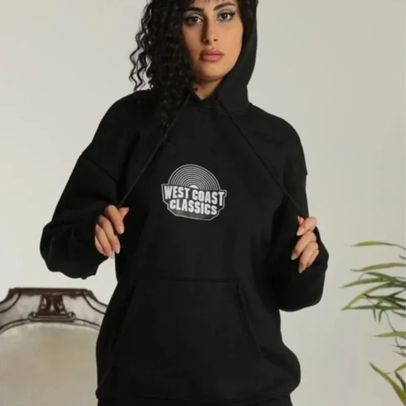 Damski Czarny Oversize Kaptur z Kieszenią 3-nitkowy Bawełniany Nadruk Hoodie