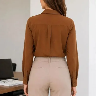 Women's Brown Long Sleeve Classic Collar Button Down Shirt 3