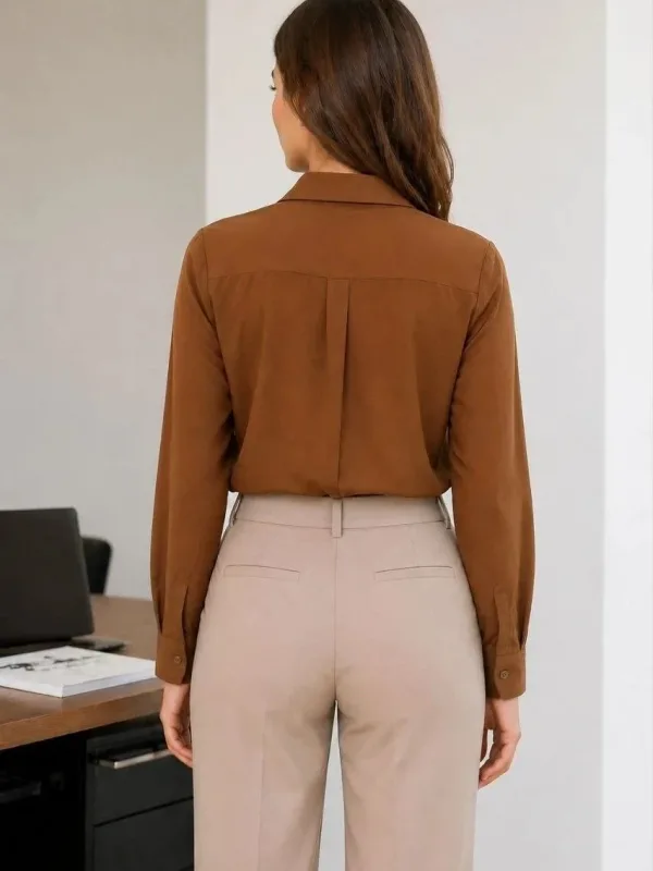 Women's Brown Long Sleeve Classic Collar Button Down Shirt 3
