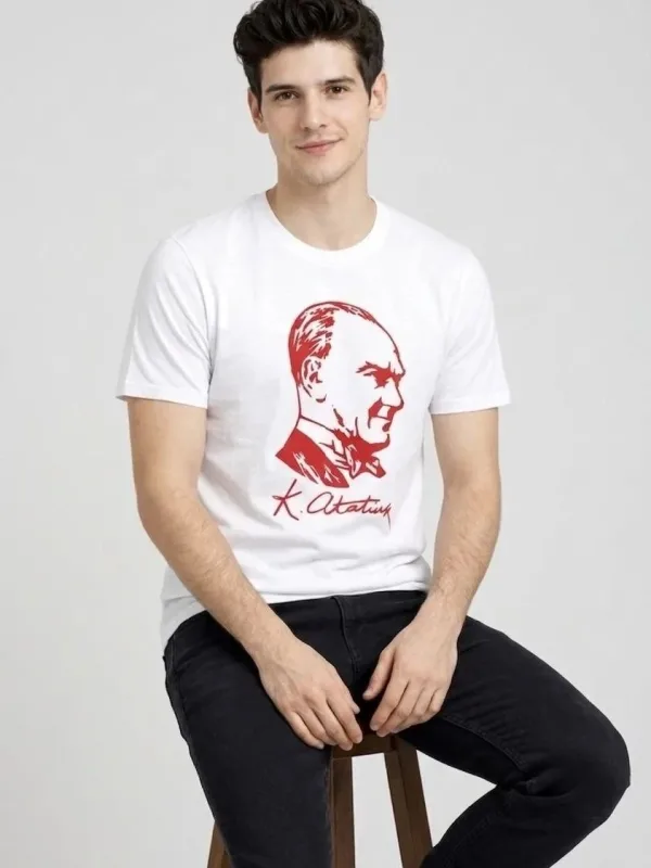 Muška bijela biciklistička kragna Atatürk print majica