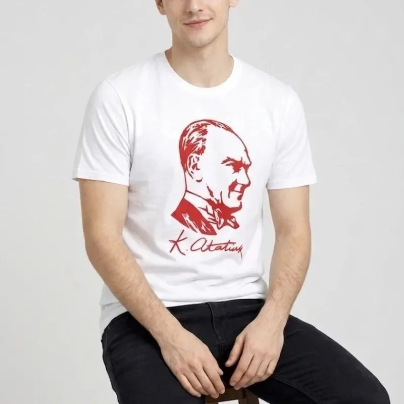 Pánské bílé tričko s límečkem a potiskem Atatürk