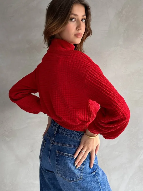 Turtleneck Textured Crop Blouse Red 5