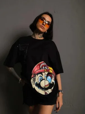 Tîşorta Jinan a Reş a Oversize Bi Stûyê Bisîkletê Û Çapa Mario