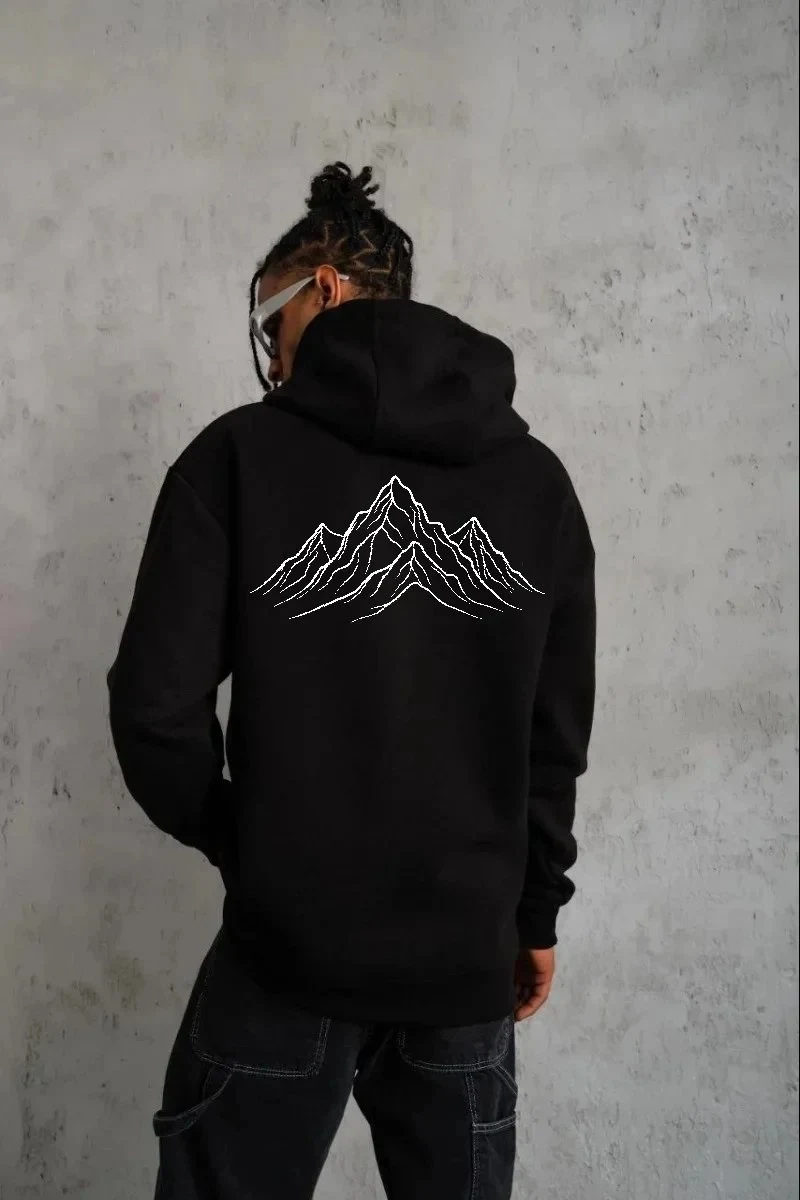 Férfi fekete 3 szálas pamut kapucnis nyomott sweatshirt