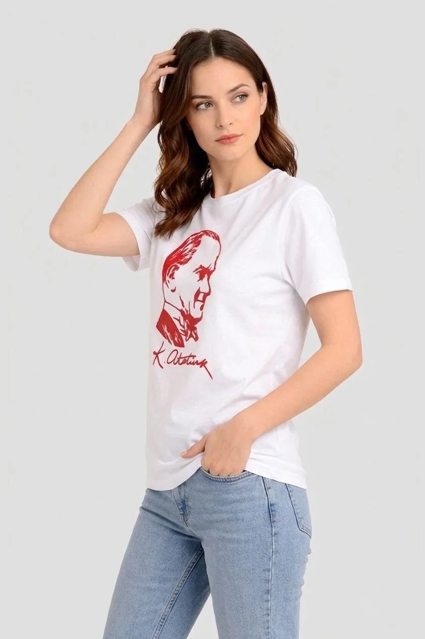 Ženska Bela Bicikli Kragna Ataturk Print Majica 3
