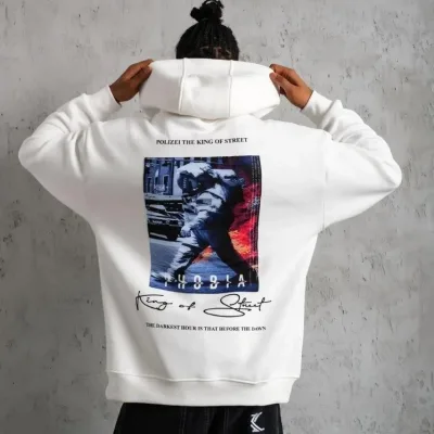 Muški bijeli oversize 3-niti pamučni s kapuljačom tiskani s džepom sweatshirt 1