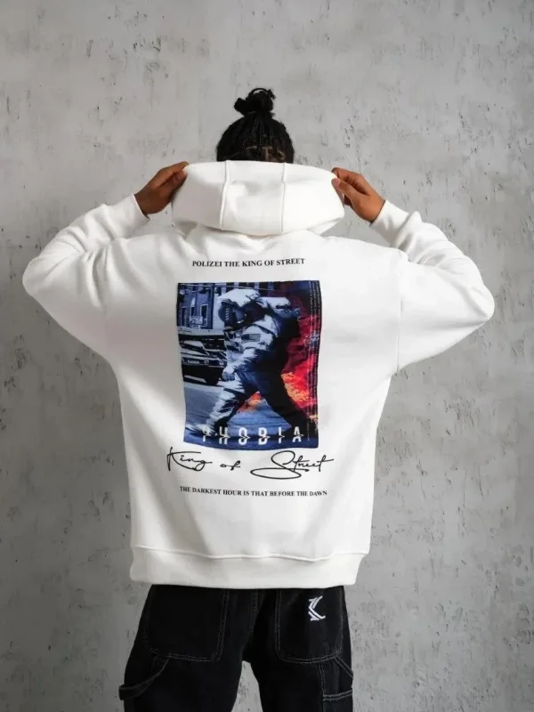 Muški bijeli oversize 3-niti pamučni s kapuljačom tiskani s džepom sweatshirt 1